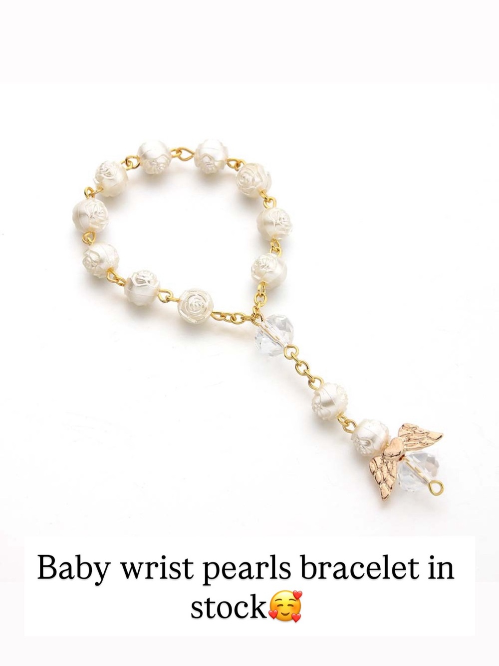 Delicate Baby Pearl Bracelet with Gold Angel Charm - White